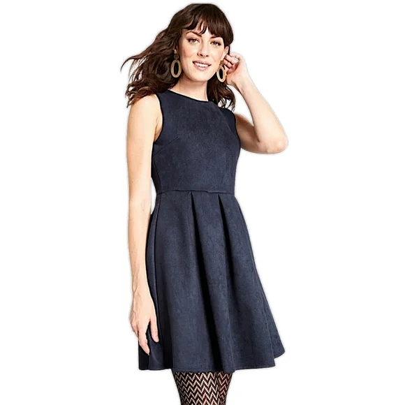 ModCloth Jessy B Mini Dress Pleate Navy Faux Suede Fit & Flare Skater Size Small - Picture 3 of 12